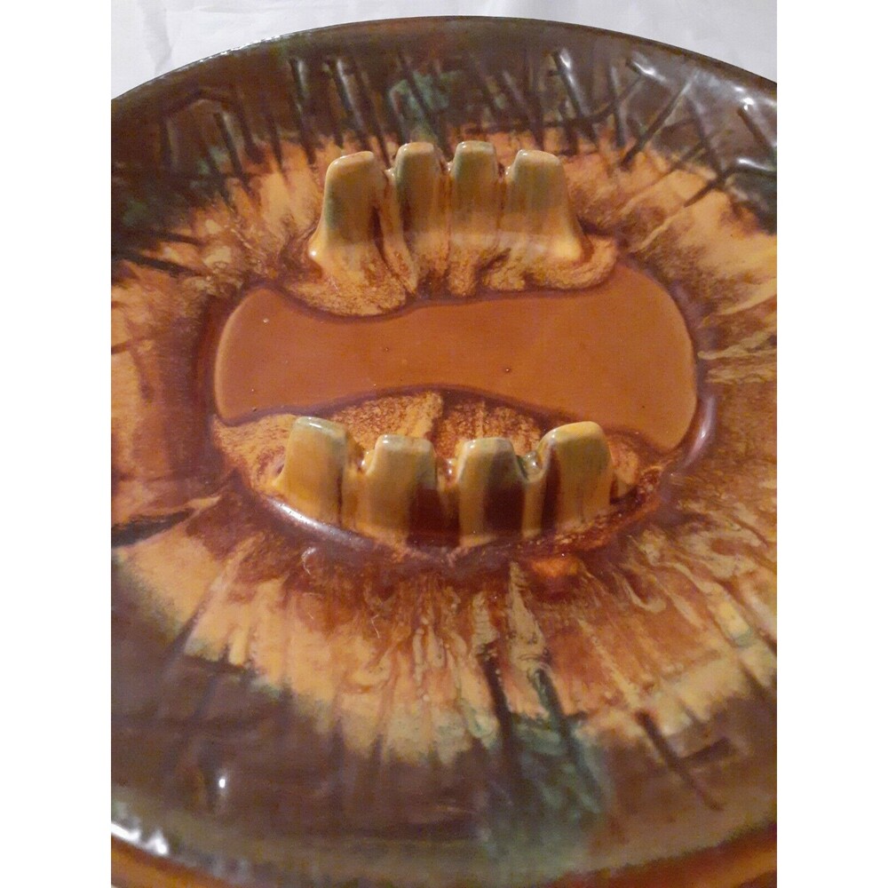 Vtg 1970s Ceramic Ashtray 12" Round Calif USA E22 Orange Yellow Blue Turq Green